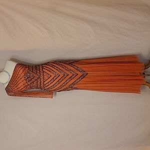 Marina Orange Beaded Three-quarter Sleeve Cold-shoulder Dress